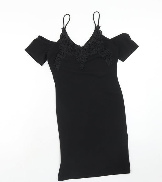 Miss Selfridge Womens Black Polyester Shift Size 8 V-Neck Pullover - Lace Detail, Cold Shoulder