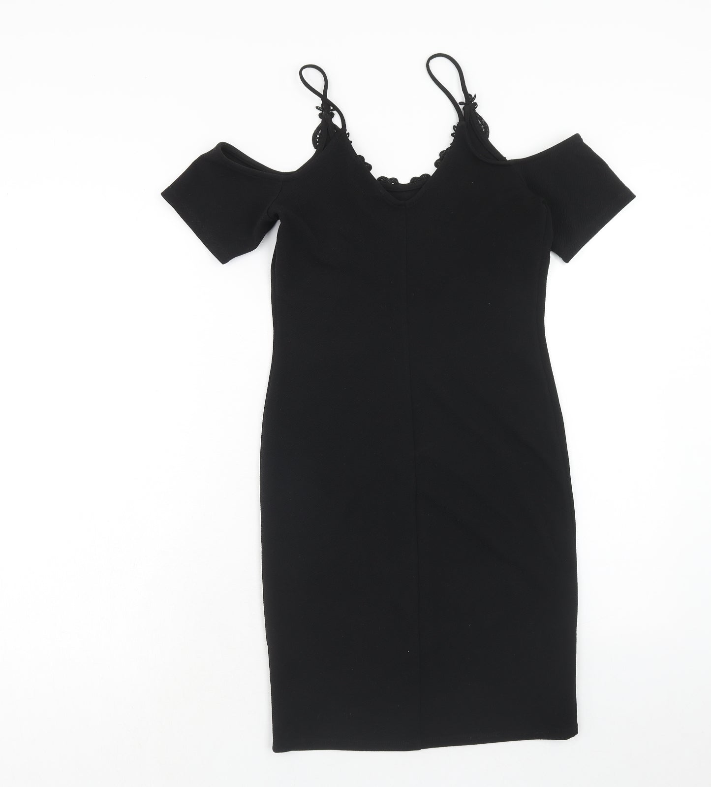 Miss Selfridge Womens Black Polyester Shift Size 8 V-Neck Pullover - Lace Detail, Cold Shoulder