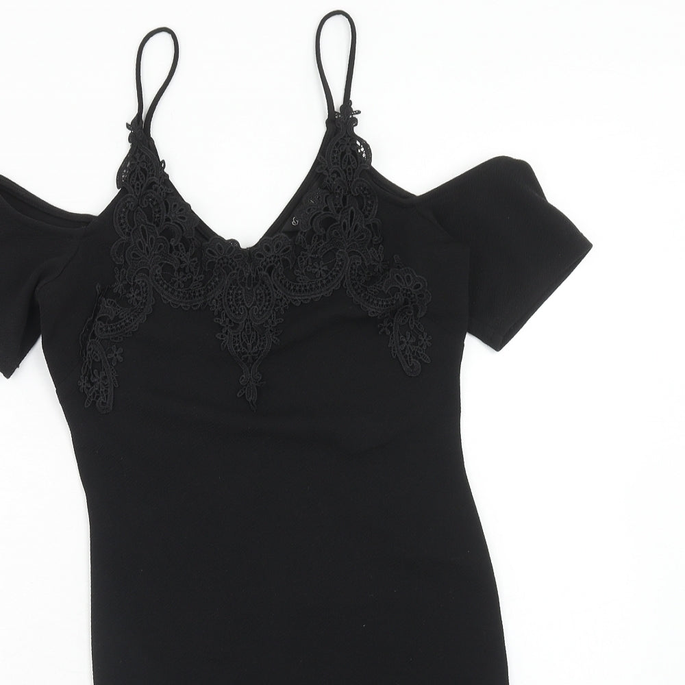 Miss Selfridge Womens Black Polyester Shift Size 8 V-Neck Pullover - Lace Detail, Cold Shoulder