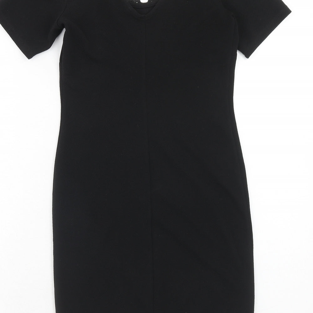 Miss Selfridge Womens Black Polyester Shift Size 8 V-Neck Pullover - Lace Detail, Cold Shoulder