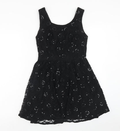 Topshop Womens Black Geometric Nylon Fit & Flare Size 10 Round Neck Button