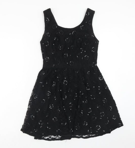 Topshop Womens Black Geometric Nylon Fit & Flare Size 10 Round Neck Button