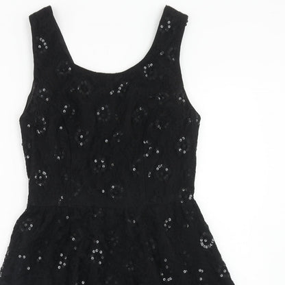 Topshop Womens Black Geometric Nylon Fit & Flare Size 10 Round Neck Button