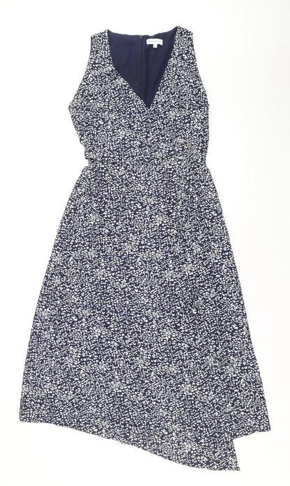 Warehouse Womens Blue Geometric Polyester Fit & Flare Size 8 V-Neck Zip