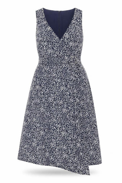 Warehouse Womens Blue Geometric Polyester Fit & Flare Size 8 V-Neck Zip