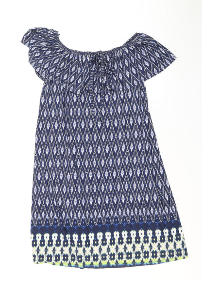 George Womens Blue Geometric Viscose A-Line Size 10 Off the Shoulder Pullover