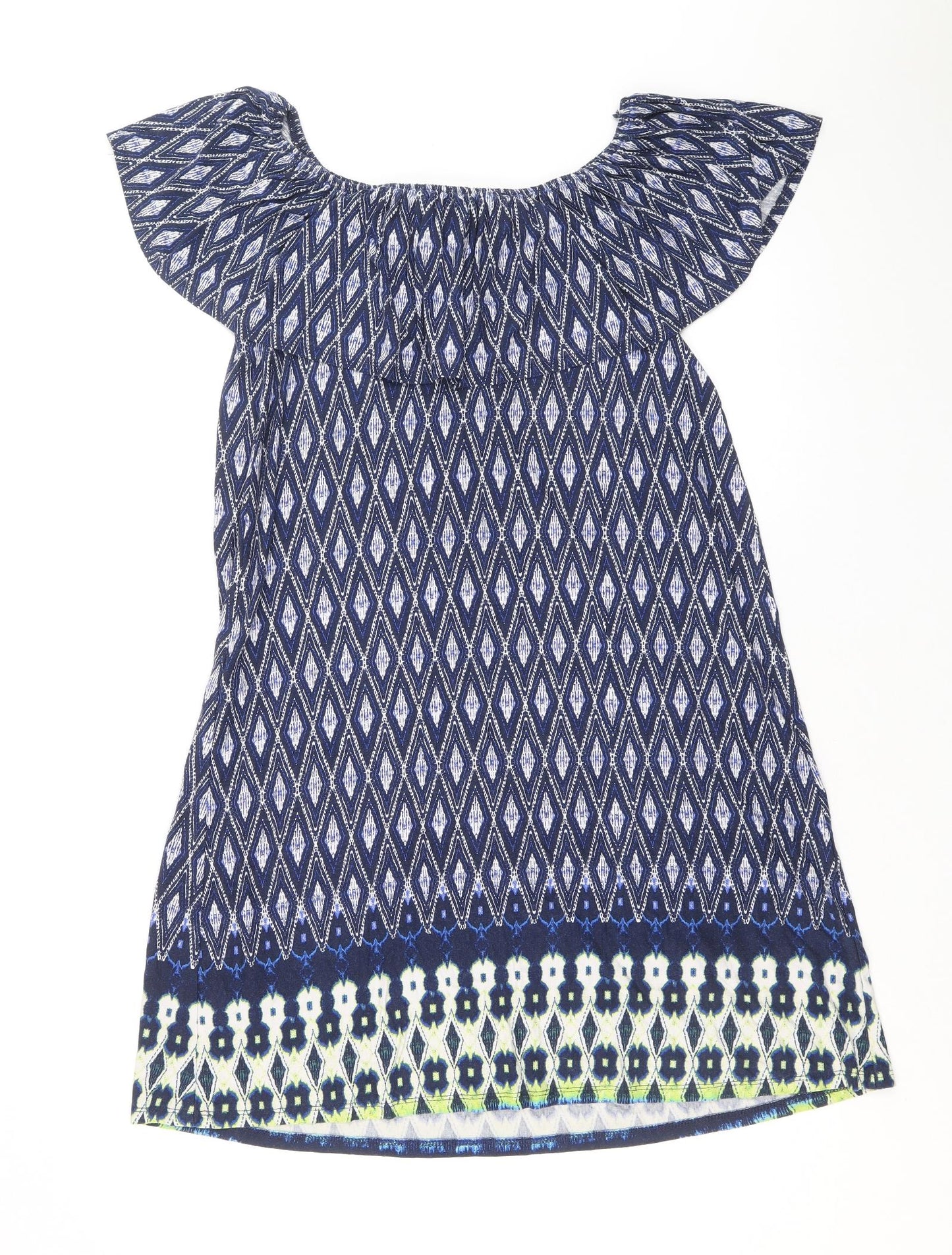 George Womens Blue Geometric Viscose A-Line Size 10 Off the Shoulder Pullover