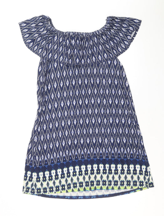 George Womens Blue Geometric Viscose A-Line Size 10 Off the Shoulder Pullover