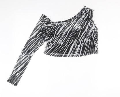 I SAW IT FIRST Womens Black Animal Print Polyester Cropped Blouse Size 12 One Shoulder - Zebra Pattern