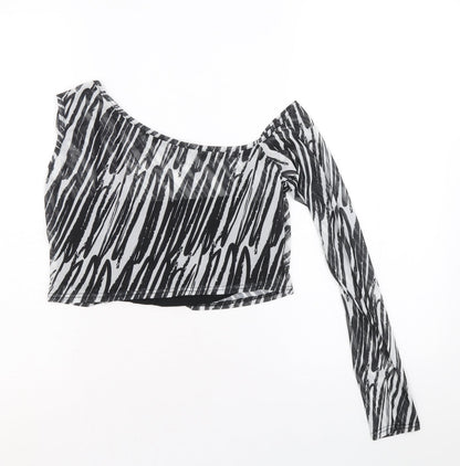 I SAW IT FIRST Womens Black Animal Print Polyester Cropped Blouse Size 12 One Shoulder - Zebra Pattern