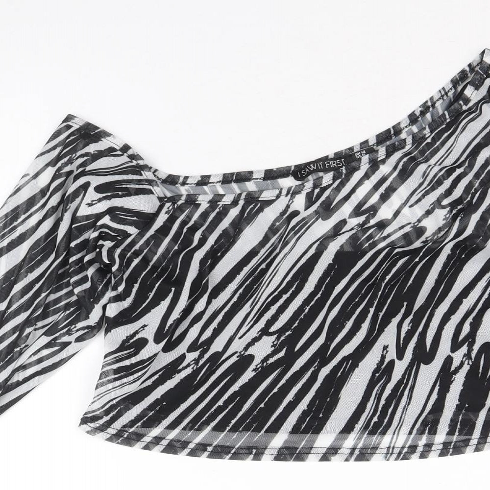 I SAW IT FIRST Womens Black Animal Print Polyester Cropped Blouse Size 12 One Shoulder - Zebra Pattern