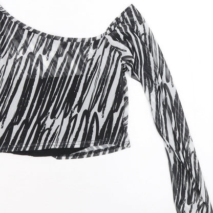 I SAW IT FIRST Womens Black Animal Print Polyester Cropped Blouse Size 12 One Shoulder - Zebra Pattern