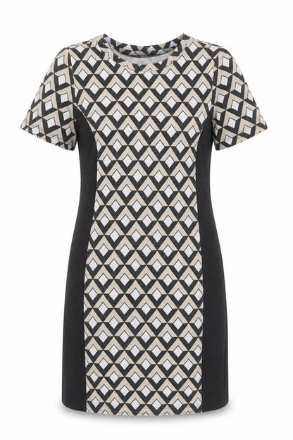 Preworn Womens Black Geometric Polyester Shift Size 10 Round Neck Pullover