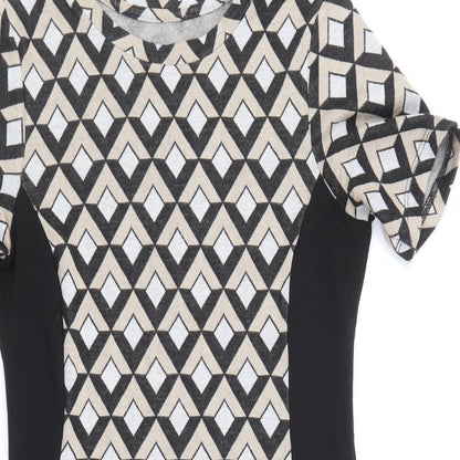 Preworn Womens Black Geometric Polyester Shift Size 10 Round Neck Pullover