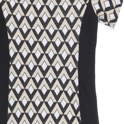 Preworn Womens Black Geometric Polyester Shift Size 10 Round Neck Pullover