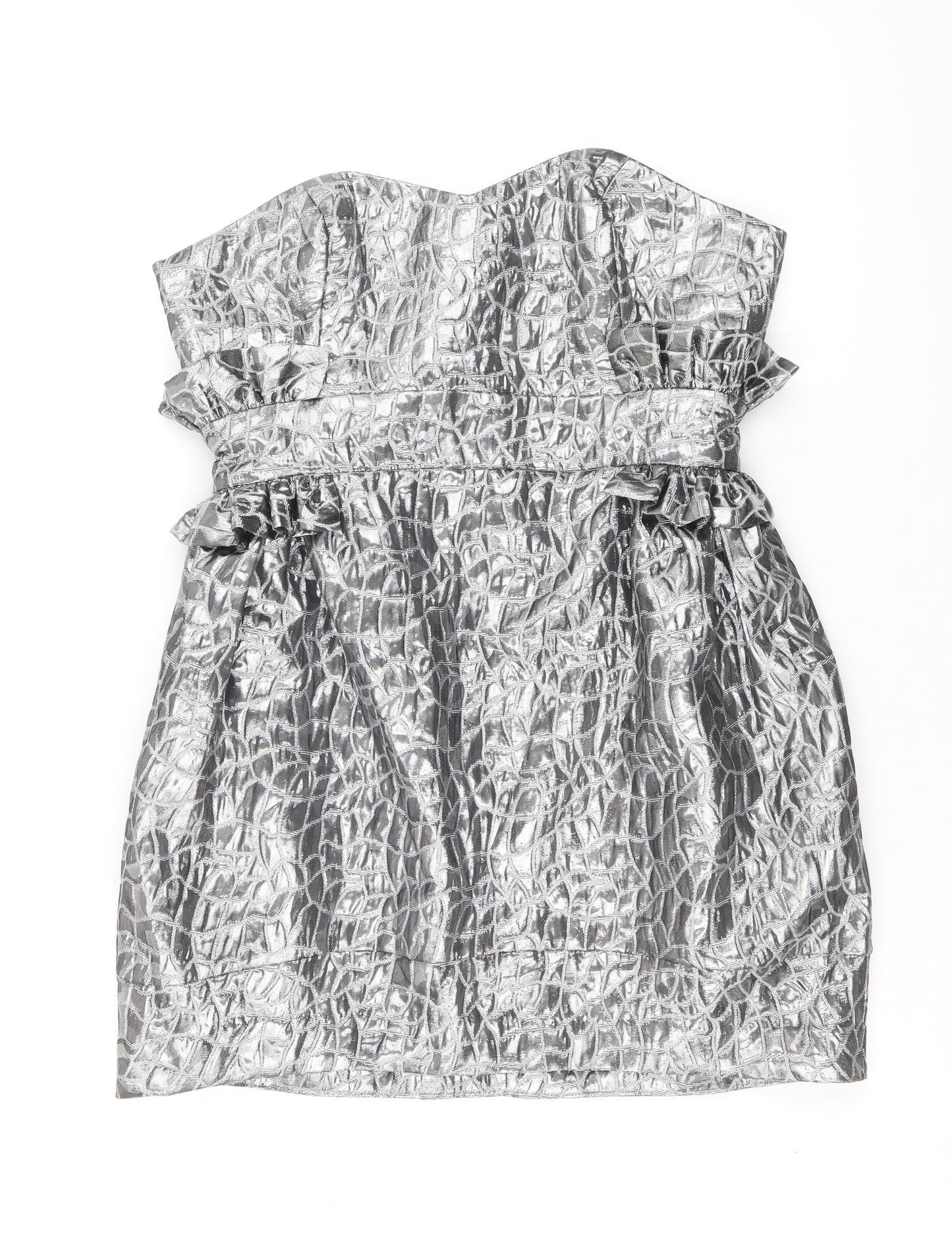 Miss Behave Womens Silver Geometric Polyester Pencil Dress Size 12 Off the Shoulder Zip