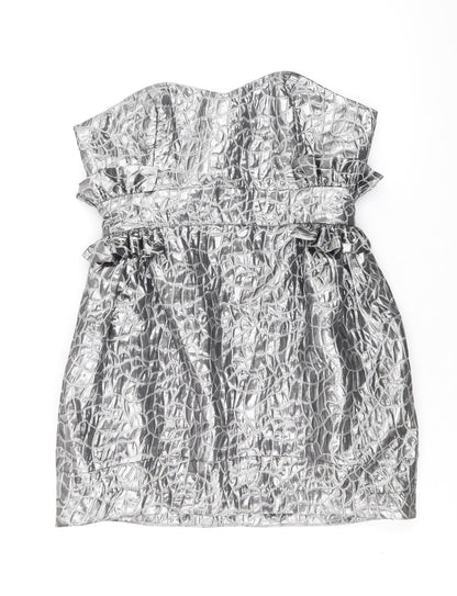 Miss Behave Womens Silver Geometric Polyester Pencil Dress Size 12 Off the Shoulder Zip