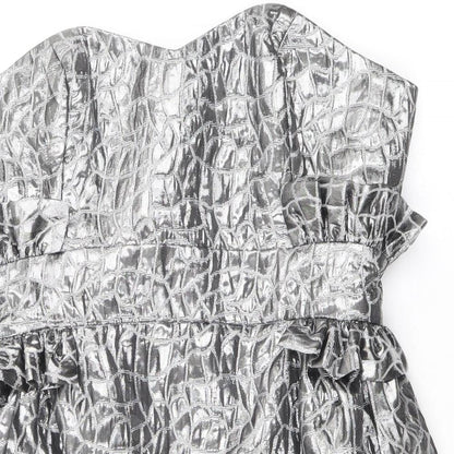Miss Behave Womens Silver Geometric Polyester Pencil Dress Size 12 Off the Shoulder Zip