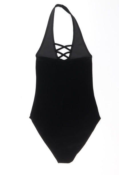 Miss Selfridge Womens Black Polyester Bodysuit One-Piece Size 6 Snap - Lattice Neck Detail