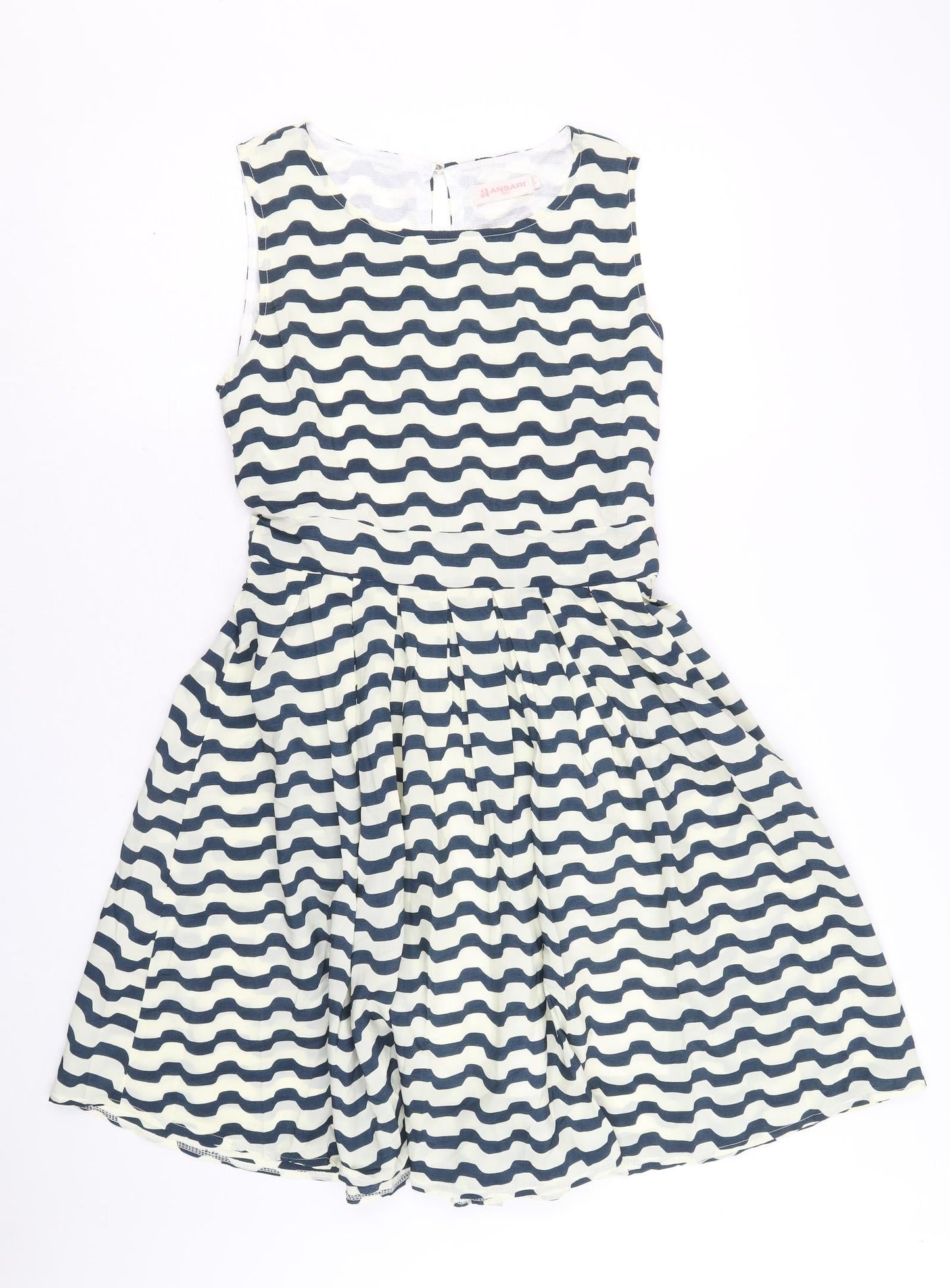 Aansari Womens Blue Geometric Polyester Fit & Flare Size L Round Neck Button
