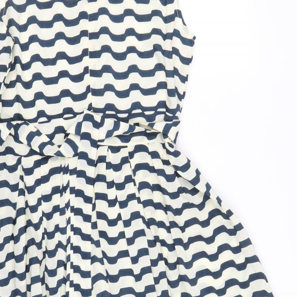 Aansari Womens Blue Geometric Polyester Fit & Flare Size L Round Neck Button