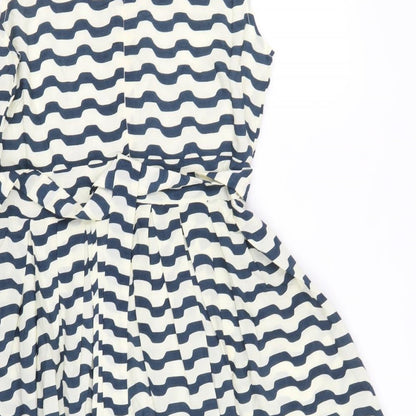 Aansari Womens Blue Geometric Polyester Fit & Flare Size L Round Neck Button