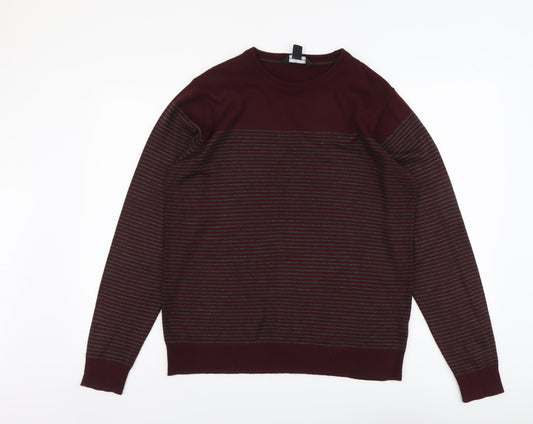 Cedar Wood State Mens Red Round Neck Striped Acrylic Pullover Jumper Size L Long Sleeve