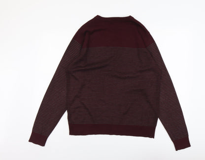 Cedar Wood State Mens Red Round Neck Striped Acrylic Pullover Jumper Size L Long Sleeve
