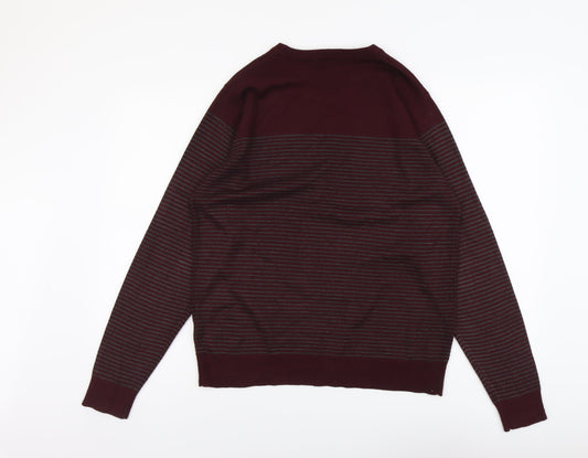 Cedar Wood State Mens Red Round Neck Striped Acrylic Pullover Jumper Size L Long Sleeve