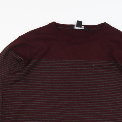 Cedar Wood State Mens Red Round Neck Striped Acrylic Pullover Jumper Size L Long Sleeve