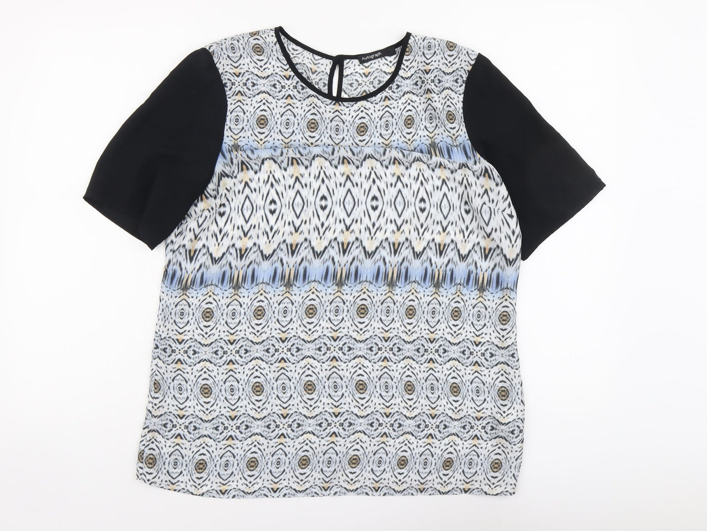 Autograph Womens Black Geometric Polyester Basic T-Shirt Size 12 Round Neck
