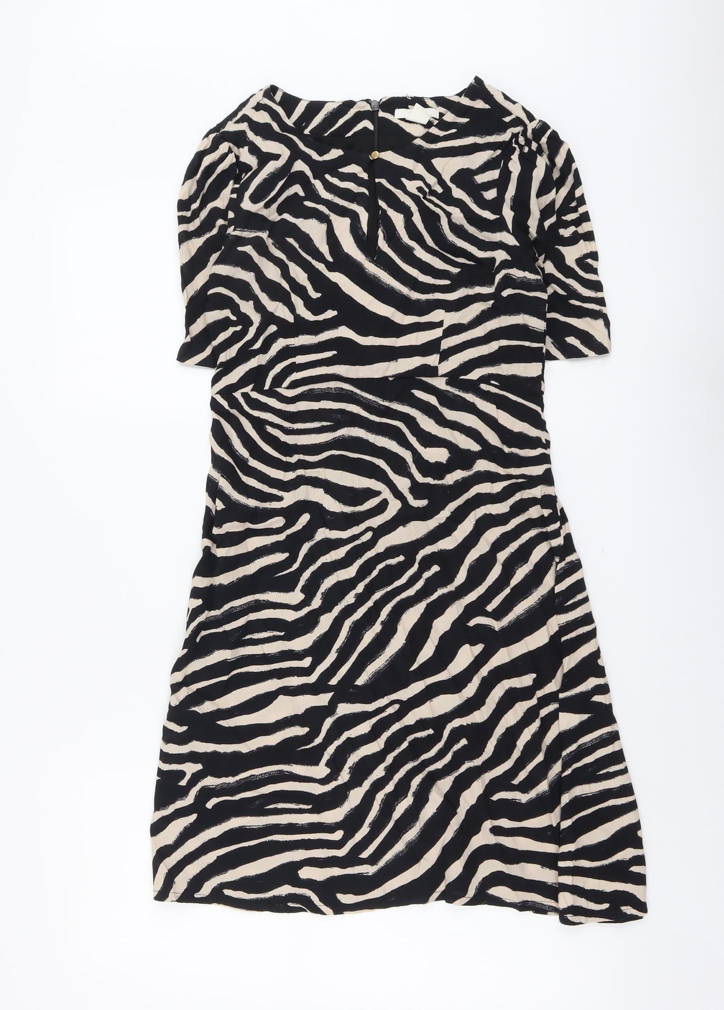H&M Womens Black Animal Print Viscose A-Line Size 8 Round Neck Zip - Tiger Pattern