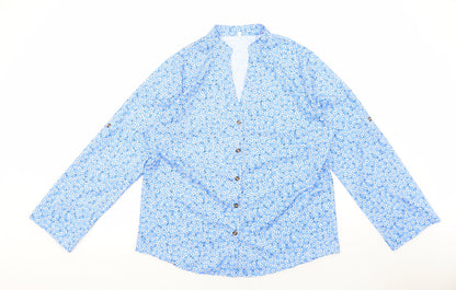 Preworn Womens Blue Floral Polyester Basic Button-Up Size 3XL V-Neck