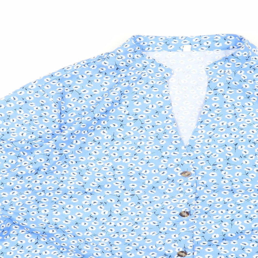 Preworn Womens Blue Floral Polyester Basic Button-Up Size 3XL V-Neck