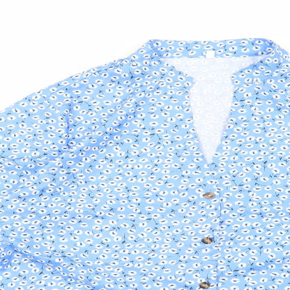 Preworn Womens Blue Floral Polyester Basic Button-Up Size 3XL V-Neck