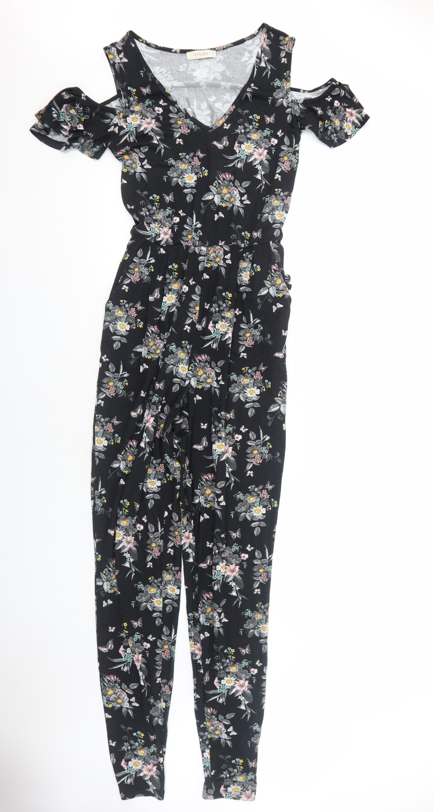 Oasis Womens Black Floral Viscose Jumpsuit One-Piece Size XS Pullover - Cold Shoulder