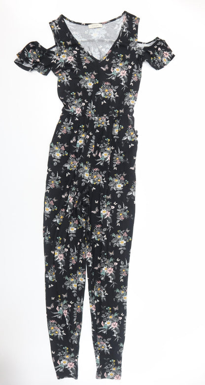 Oasis Womens Black Floral Viscose Jumpsuit One-Piece Size XS Pullover - Cold Shoulder