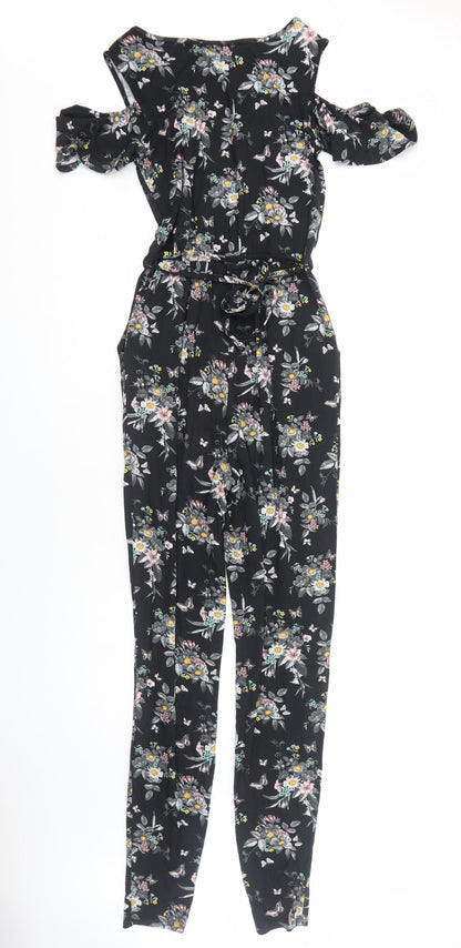 Oasis Womens Black Floral Viscose Jumpsuit One-Piece Size XS Pullover - Cold Shoulder