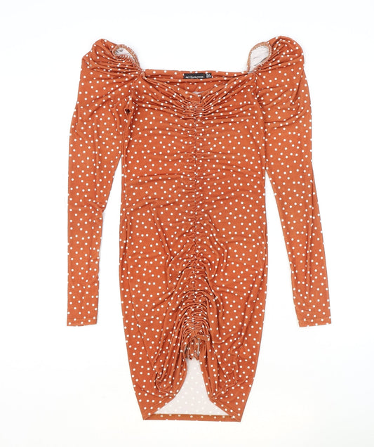 PRETTYLITTLETHING Womens Orange Polka Dot Polyester Bodycon Size 8 V-Neck Pullover