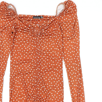 PRETTYLITTLETHING Womens Orange Polka Dot Polyester Bodycon Size 8 V-Neck Pullover