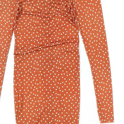 PRETTYLITTLETHING Womens Orange Polka Dot Polyester Bodycon Size 8 V-Neck Pullover