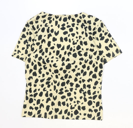 Miss Selfridge Womens Beige Animal Print Polyester Basic T-Shirt Size 8 V-Neck