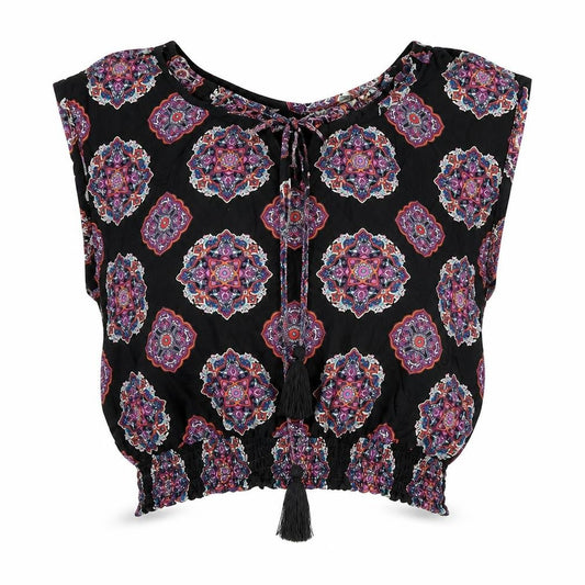 Paprika Womens Black Geometric Viscose Cropped Tank Size L V-Neck