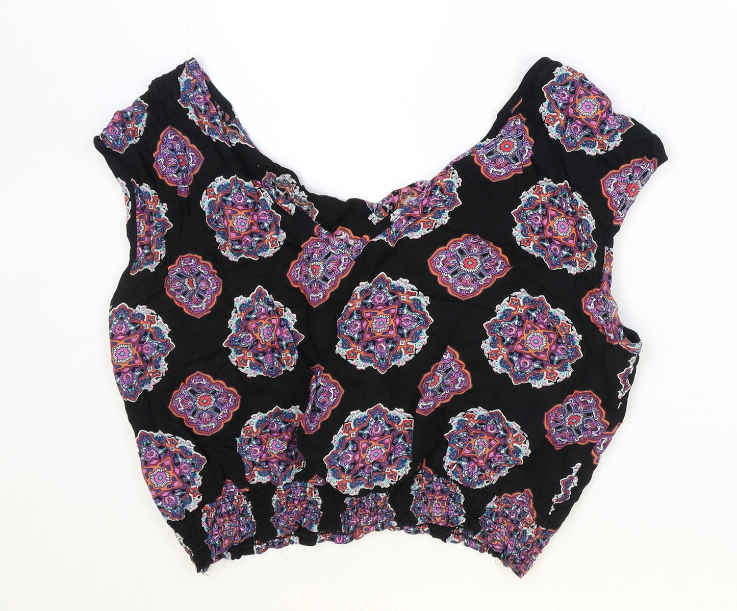 Paprika Womens Black Geometric Viscose Cropped Tank Size L V-Neck