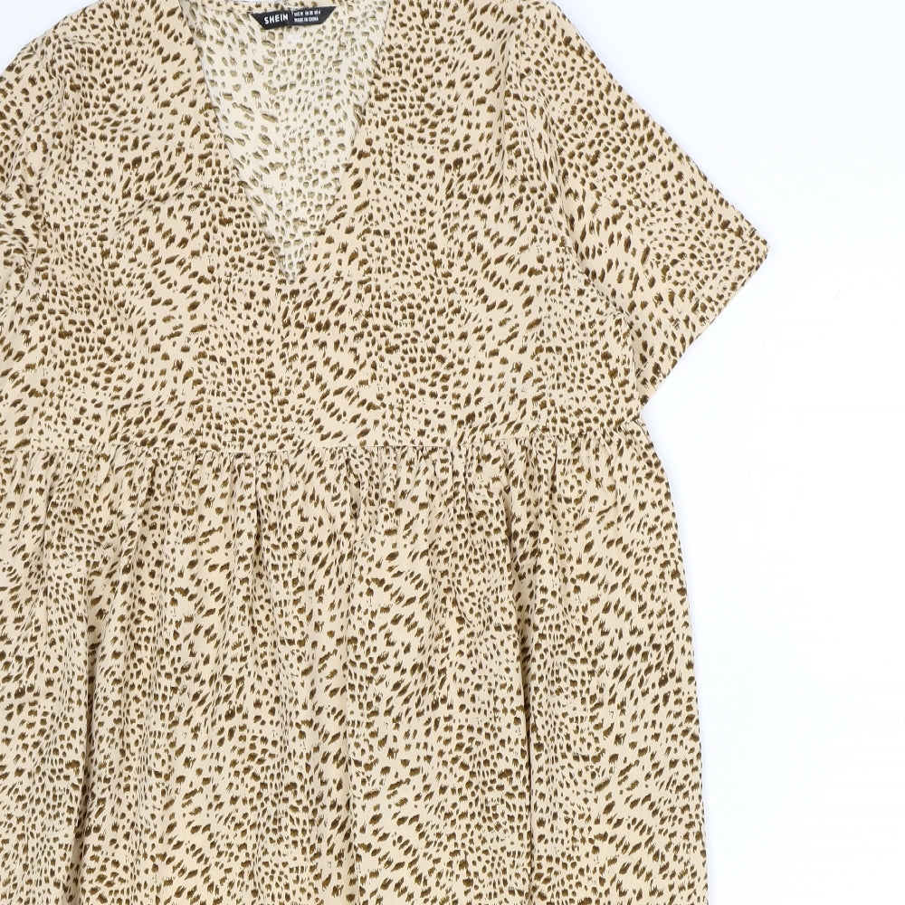 SheIn Womens Brown Geometric Polyester Shift Size M V-Neck Pullover - Drop Hem