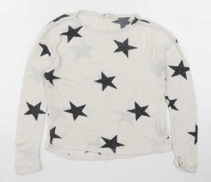 H&M Girls White Scoop Neck Geometric Viscose Pullover Jumper Size 9-10 Years Pullover - Stars