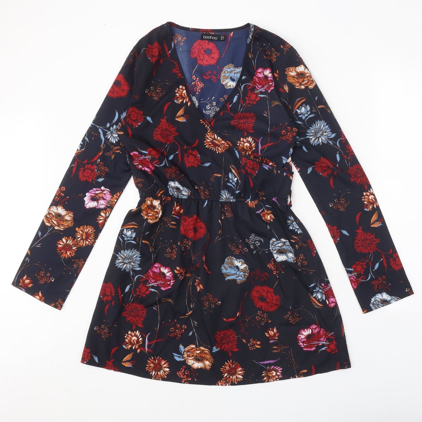 Boohoo Womens Black Floral Polyester A-Line Size 8 V-Neck Pullover