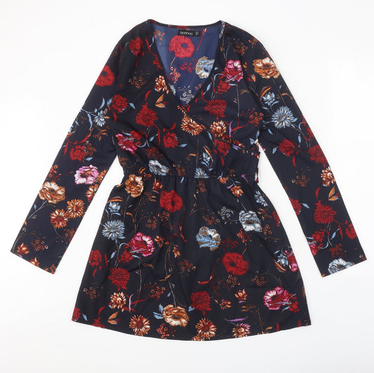 Boohoo Womens Black Floral Polyester A-Line Size 8 V-Neck Pullover