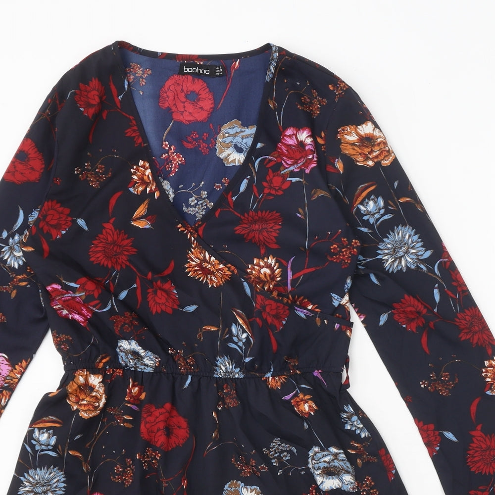 Boohoo Womens Black Floral Polyester A-Line Size 8 V-Neck Pullover