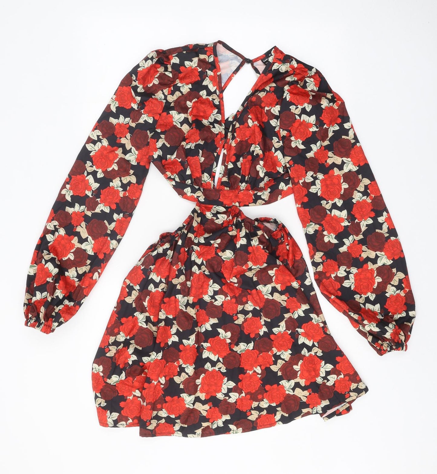 SheIn Womens Red Floral Polyester A-Line Size S V-Neck Tie - Open Back